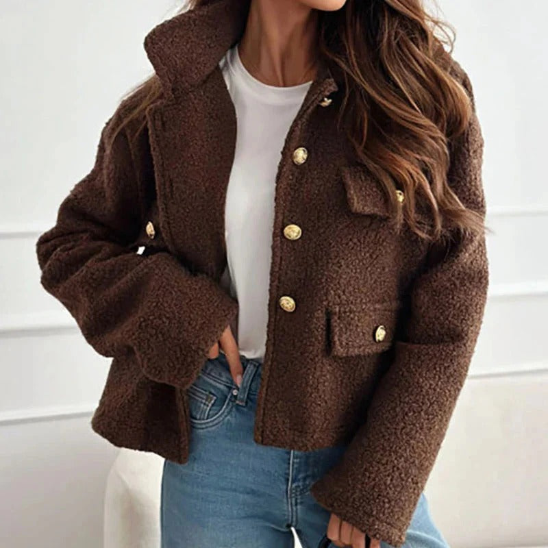 Women's Cropped Boucle Jacket with Collar and Gold Buttons