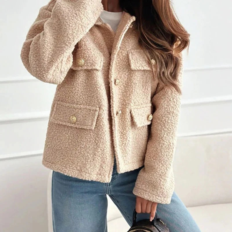 Women's Cropped Boucle Jacket with Collar and Gold Buttons