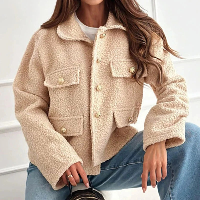 Women's Cropped Boucle Jacket with Collar and Gold Buttons