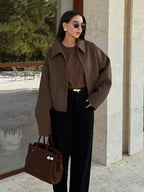 Women's Cropped Boucle Jacket with Collar and Zip Front