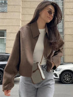 Women's Cropped Boucle Jacket with Collar and Zip Front