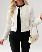 Women's cropped boucle jacket with round neck and gold buttons