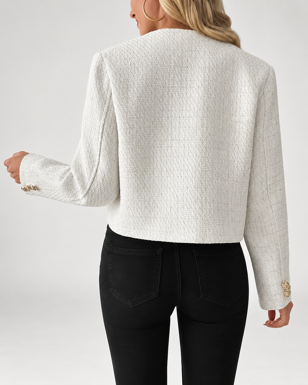 Women's cropped boucle jacket with round neck and gold buttons