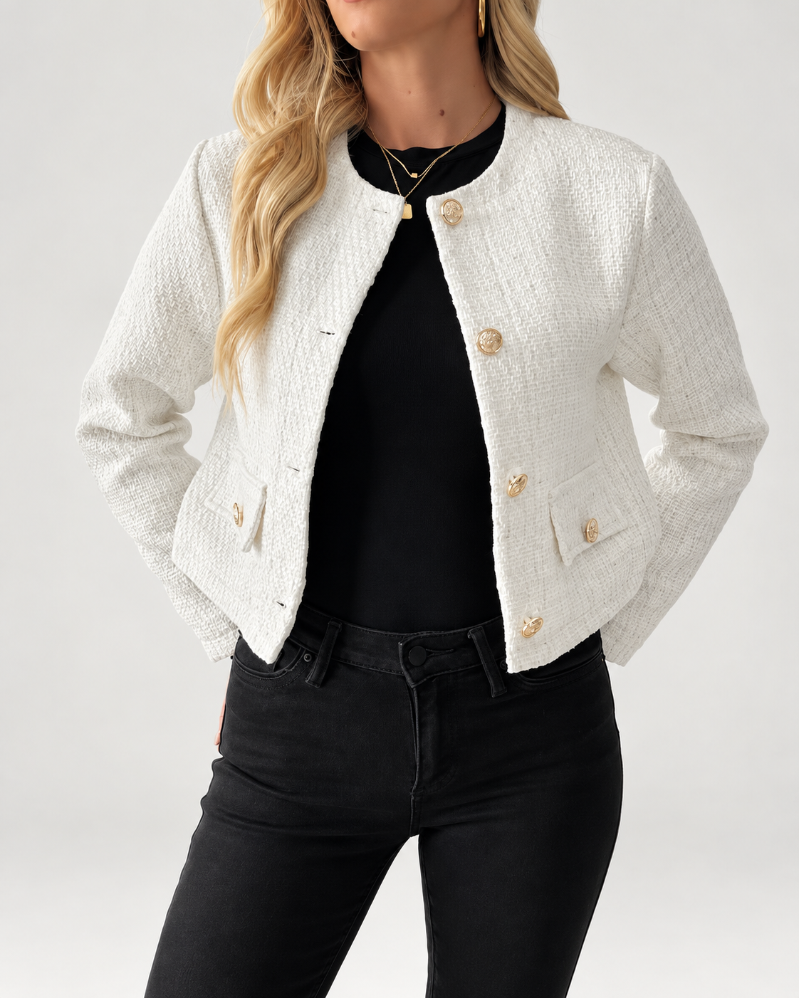 Women's cropped boucle jacket with round neck and gold buttons