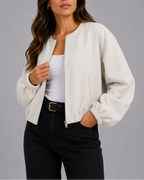 Women's Cropped Bomber Jacket with Zip Front and Pockets