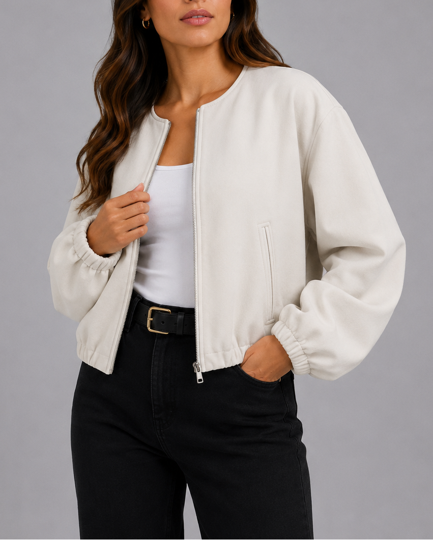 Women's Cropped Bomber Jacket with Zip Front and Pockets
