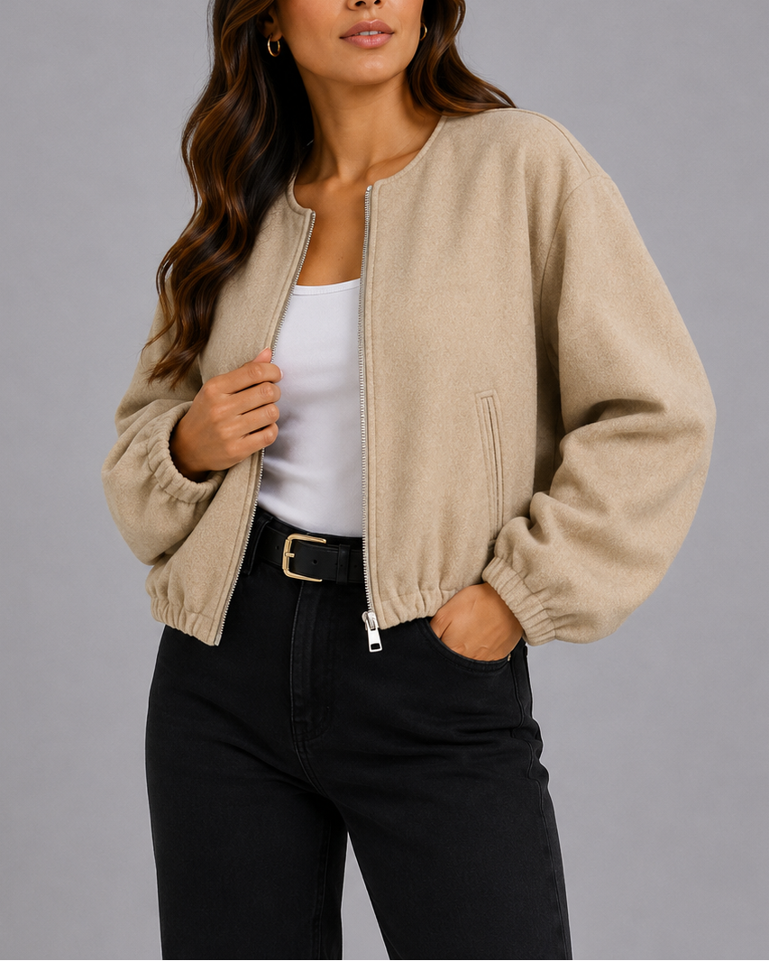 Women's Cropped Bomber Jacket with Zip Front and Pockets