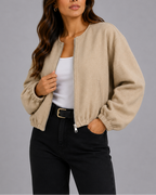 Women's Cropped Bomber Jacket with Zip Front and Pockets