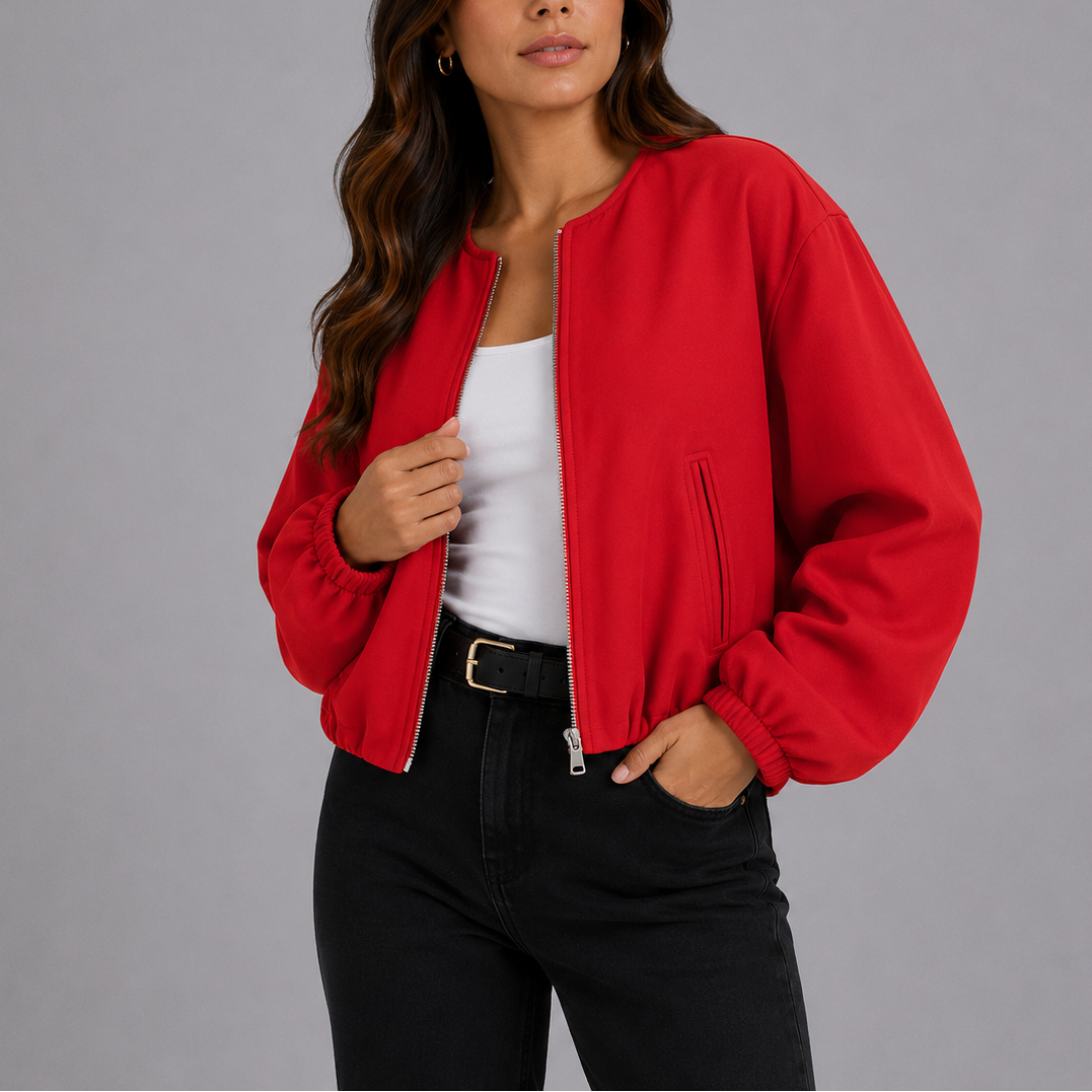 Women's Cropped Bomber Jacket with Zip Front and Pockets