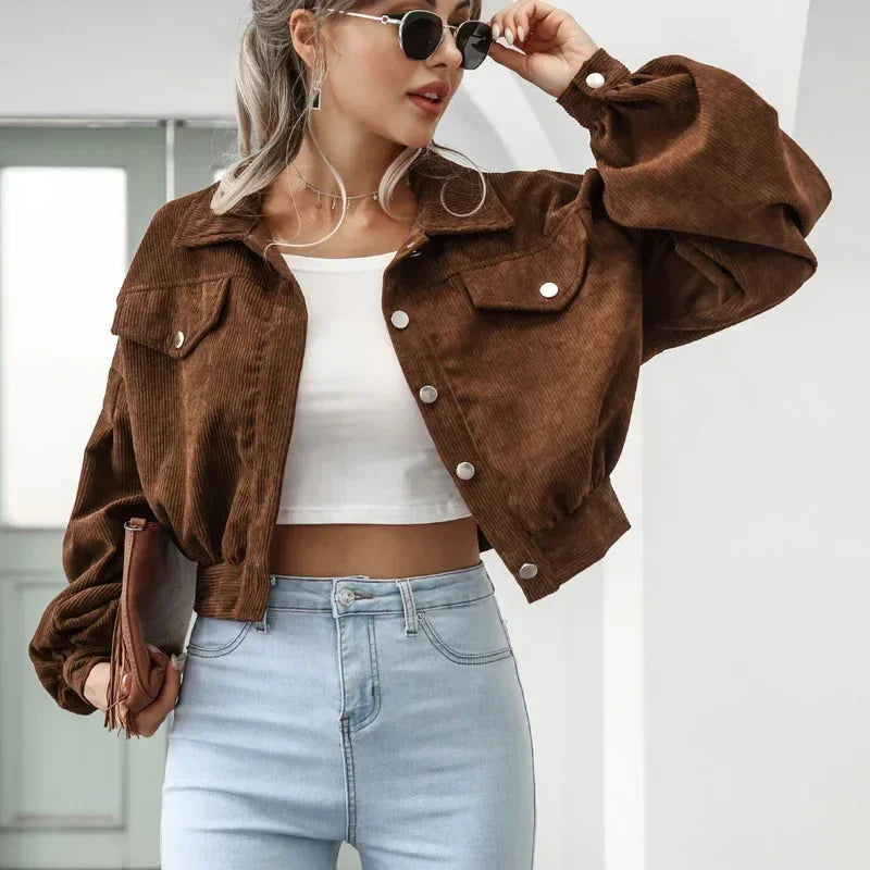 Women's Cropped Corduroy Jacket with Collar and Button Front