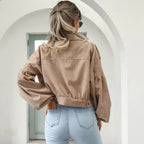 Women's Cropped Corduroy Jacket with Collar and Button Front