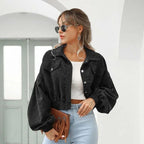 Women's Cropped Corduroy Jacket with Collar and Button Front