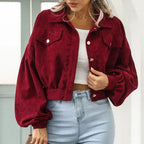 Women's Cropped Corduroy Jacket with Collar and Button Front