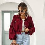 Women's Cropped Corduroy Jacket with Collar and Button Front