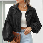 Women's Cropped Corduroy Jacket with Collar and Button Front
