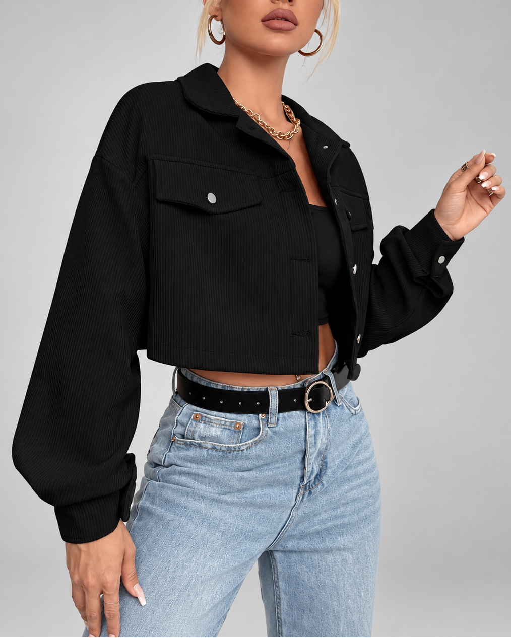 Cream cropped corduroy trucker jacket front
