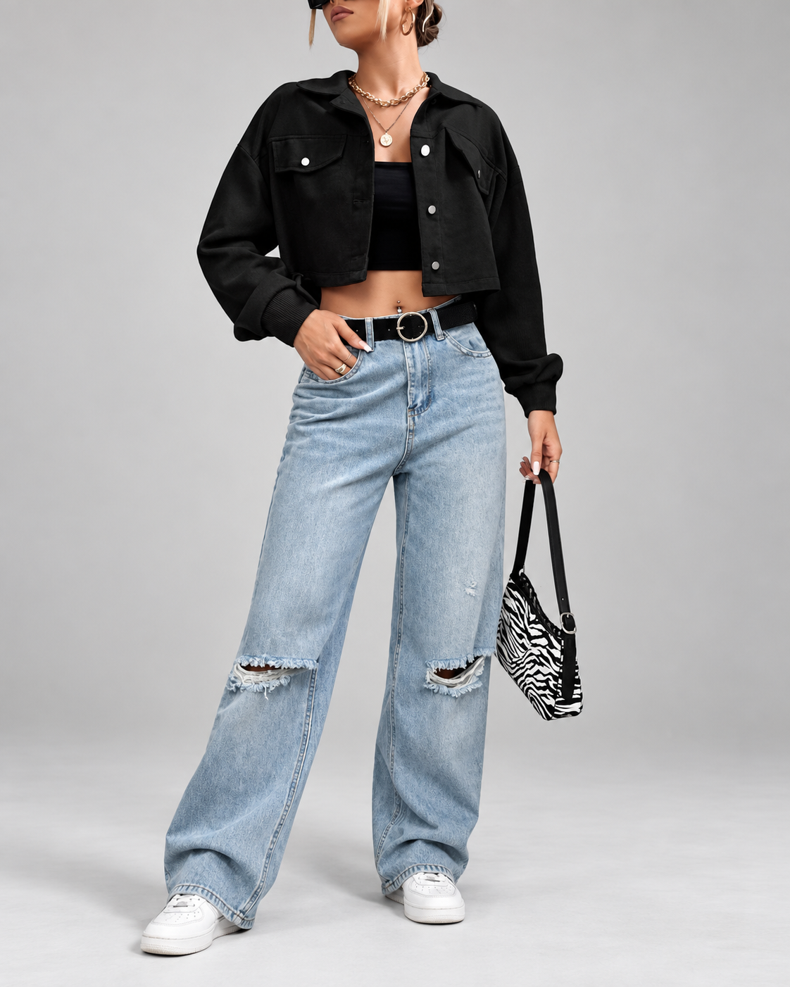 Cream cropped corduroy trucker jacket styled with jeans