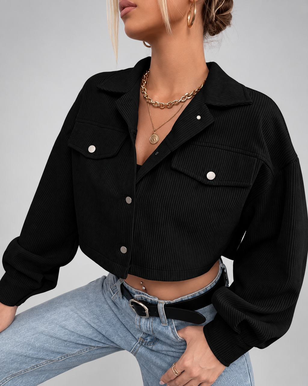 Cropped corduroy trucker jacket chest pocket detail