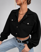Cropped corduroy trucker jacket chest pocket detail