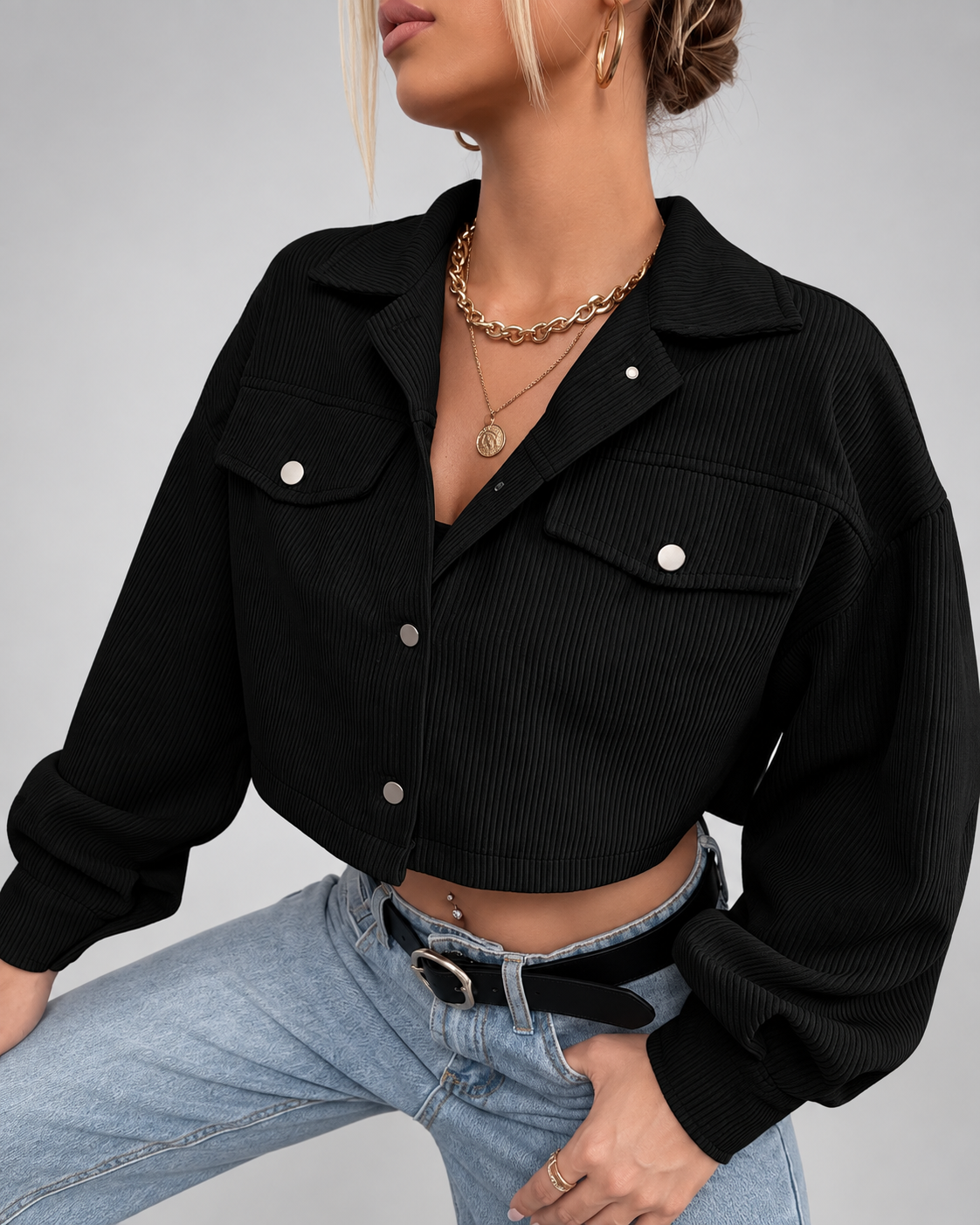 Cropped corduroy trucker jacket chest pocket detail