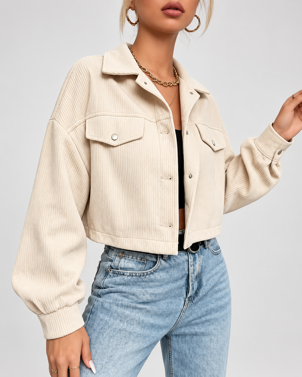 Cropped corduroy trucker jacket collar detail