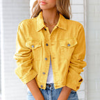 Women's Cropped Denim Jacket with Button Front and Chest Pockets