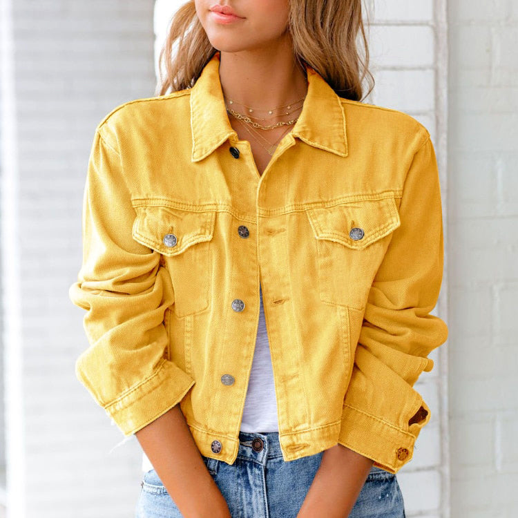 Women's Cropped Denim Jacket with Button Front and Chest Pockets