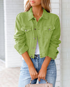 Women's Cropped Denim Jacket with Button Front and Chest Pockets