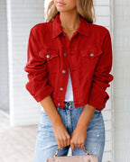 Women's Cropped Denim Jacket with Button Front and Chest Pockets