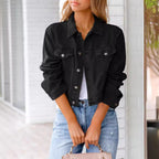 Women's Cropped Denim Jacket with Button Front and Chest Pockets