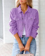 Women's Cropped Denim Jacket with Button Front and Chest Pockets
