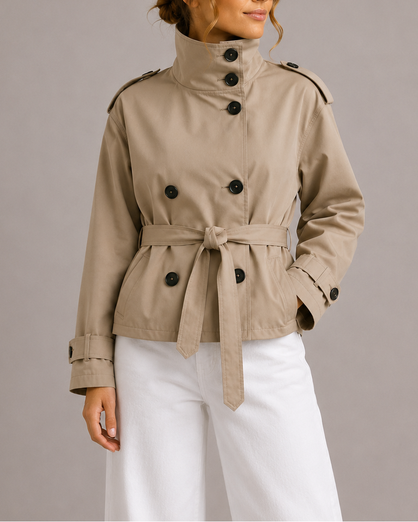 Women's Cropped Belted Trench Coat with Stand Collar