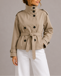 Women's Cropped Belted Trench Coat with Stand Collar