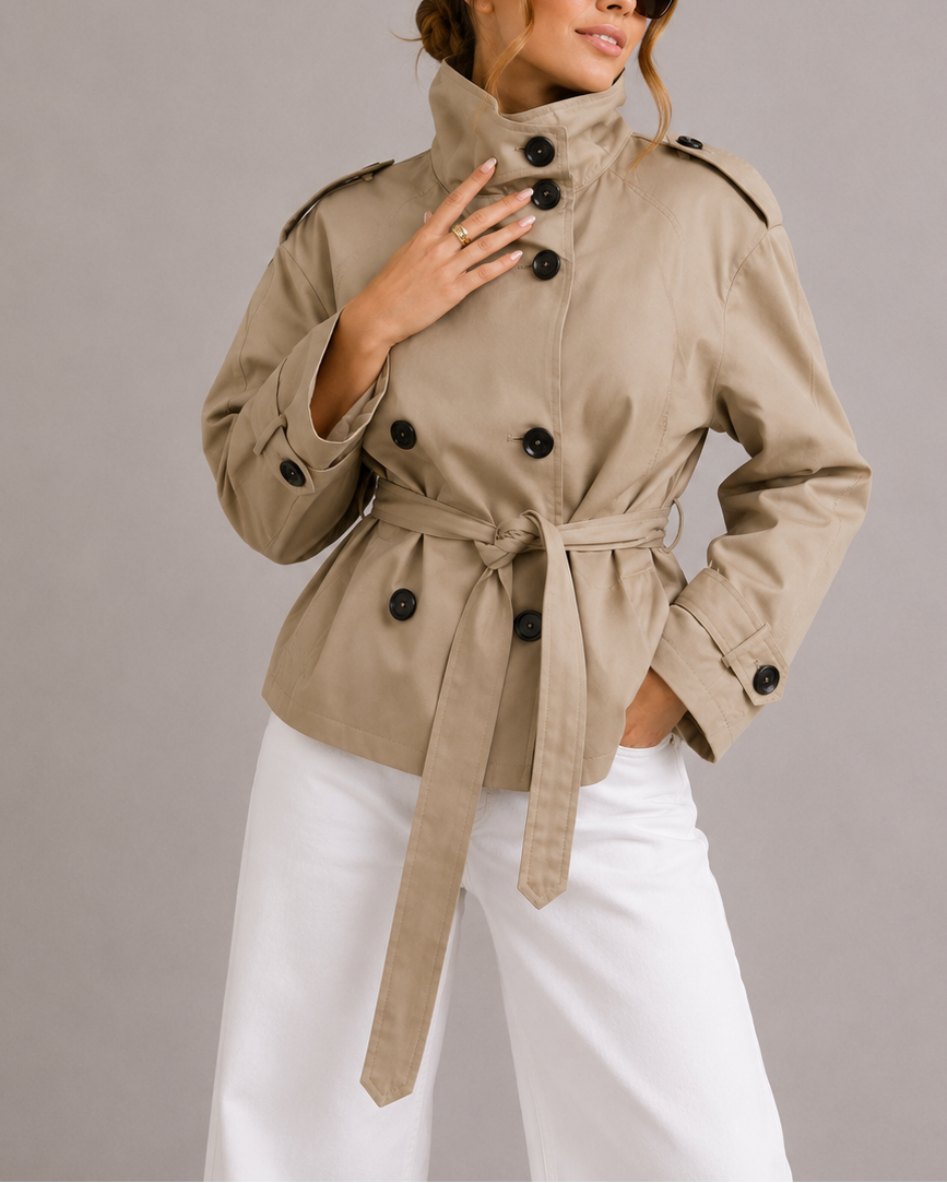 Women's Cropped Belted Trench Coat with Stand Collar