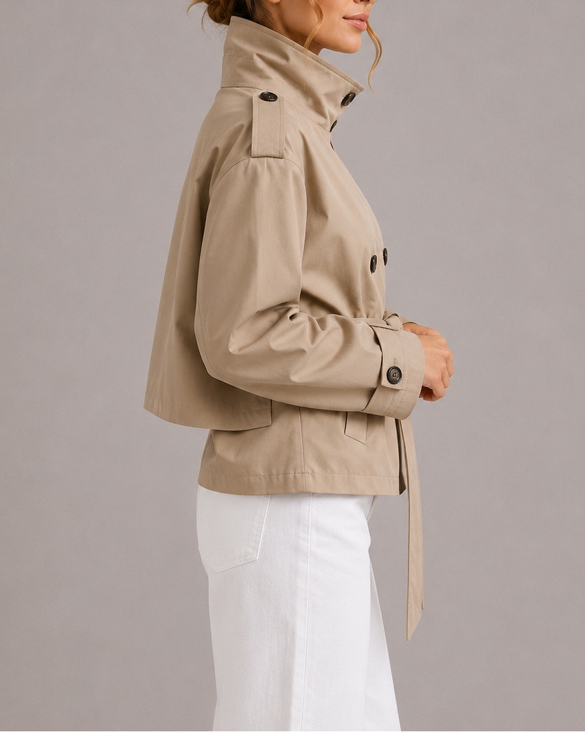 Women's Cropped Belted Trench Coat with Stand Collar