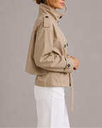 Women's Cropped Belted Trench Coat with Stand Collar