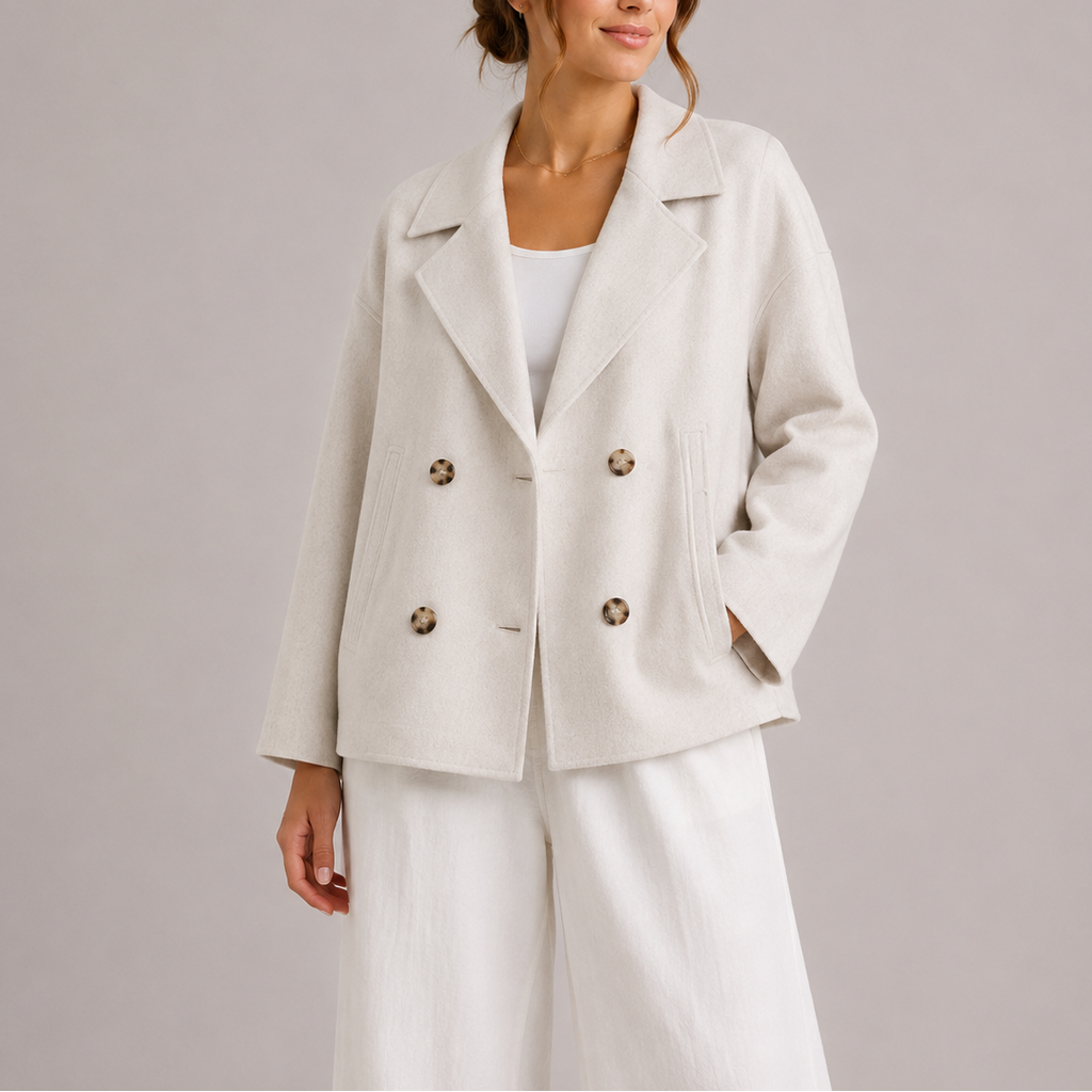 Women's Cropped Double Breasted Pea Coat with Lapel Collar