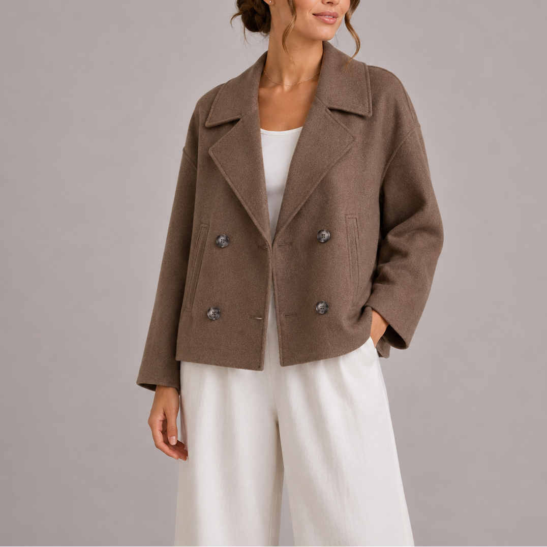 Women's Cropped Double Breasted Pea Coat with Lapel Collar