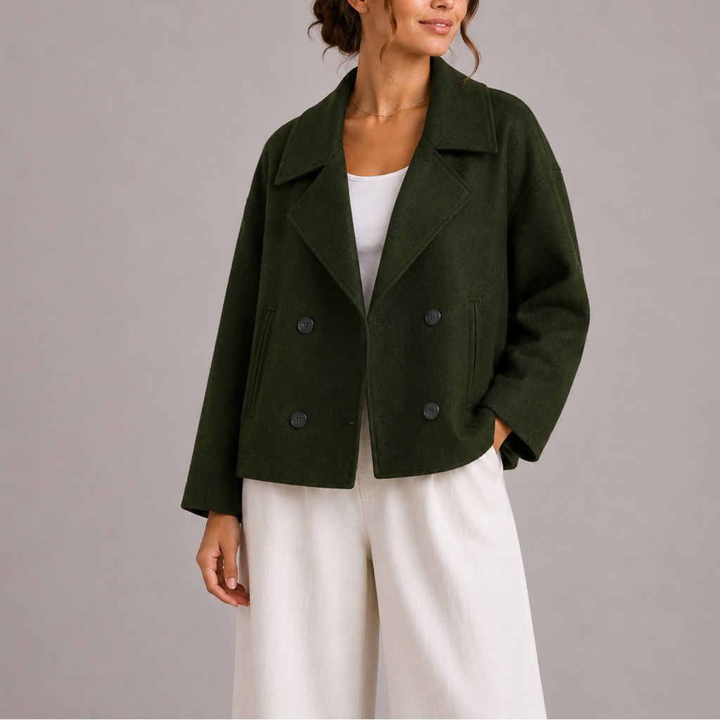 Women's Cropped Double Breasted Pea Coat with Lapel Collar