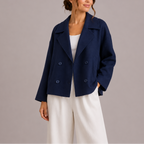 Women's Cropped Double Breasted Pea Coat with Lapel Collar
