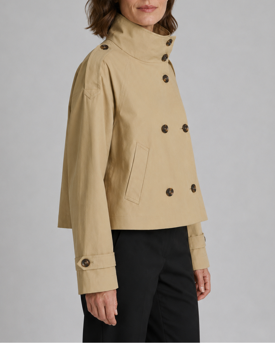 Women's Cropped Double Breasted Stand Collar Trench Coat
