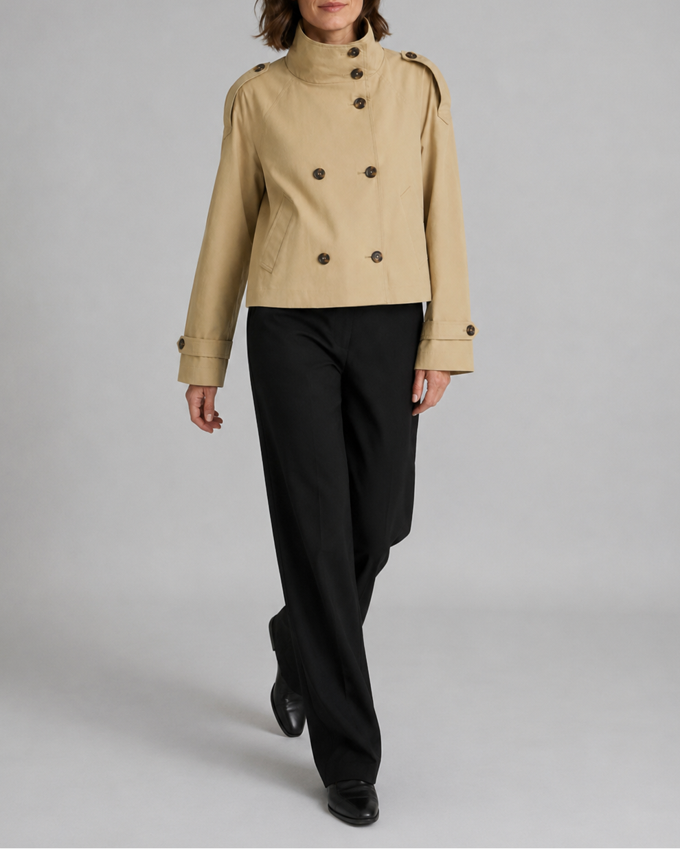 Women's Cropped Double Breasted Stand Collar Trench Coat