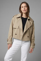 Women's Cropped Double Breasted Trench Coat with Lapel Collar