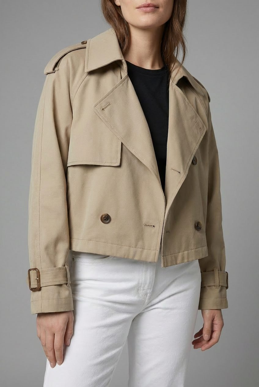 Women's Cropped Double Breasted Trench Coat with Lapel Collar