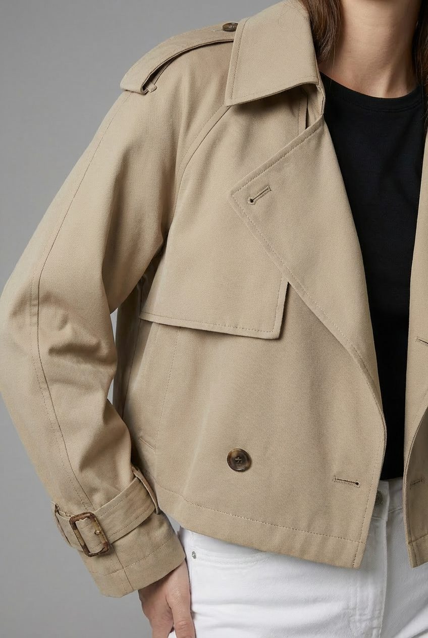 Women's Cropped Double Breasted Trench Coat with Lapel Collar