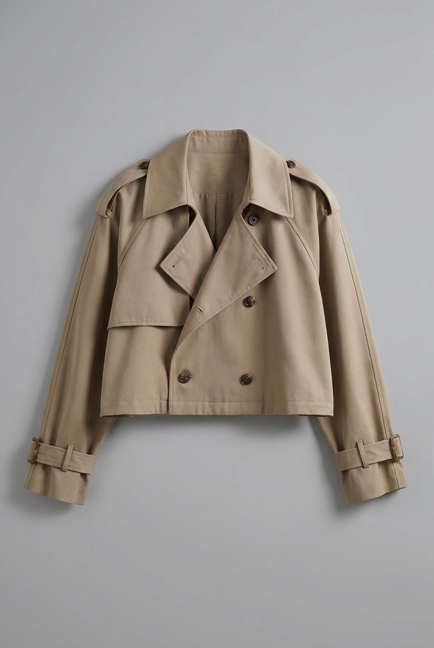 Women's Cropped Double Breasted Trench Coat with Lapel Collar