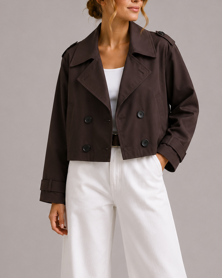 Women's Cropped Double Breasted Trench Coat with Notch Lapels