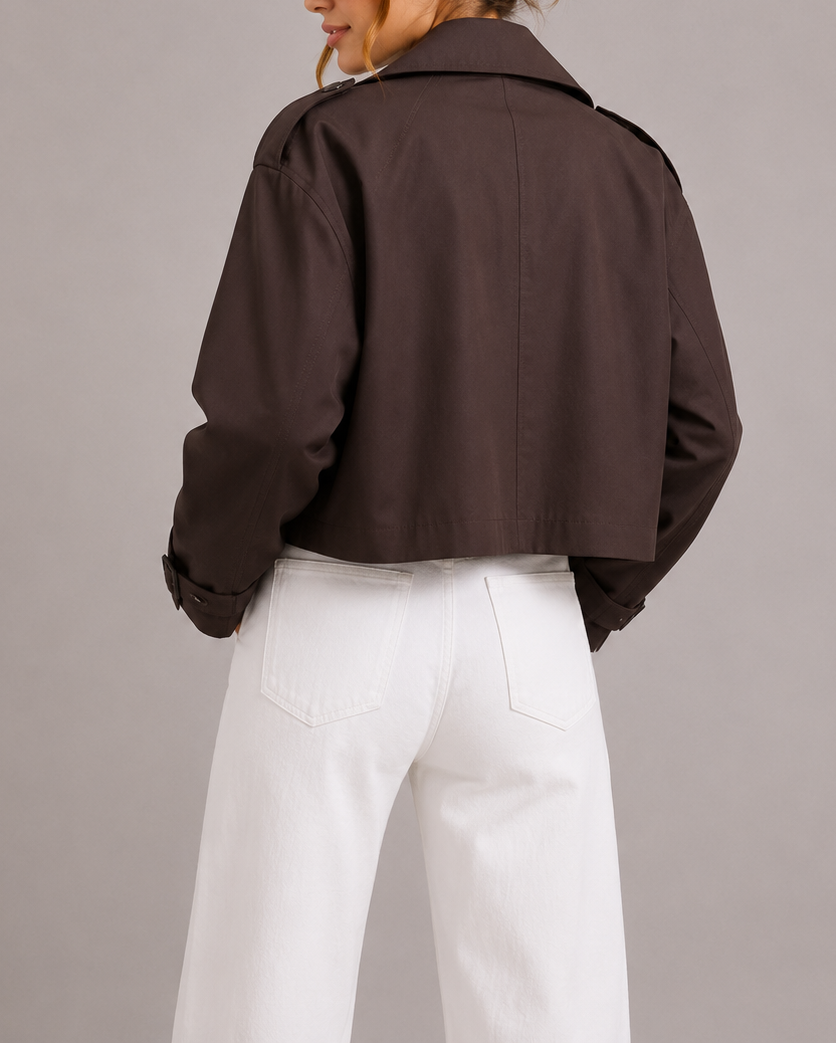 Women's Cropped Double Breasted Trench Coat with Notch Lapels
