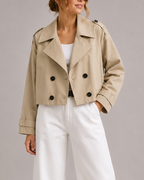 Women's Cropped Double Breasted Trench Coat with Notch Lapels