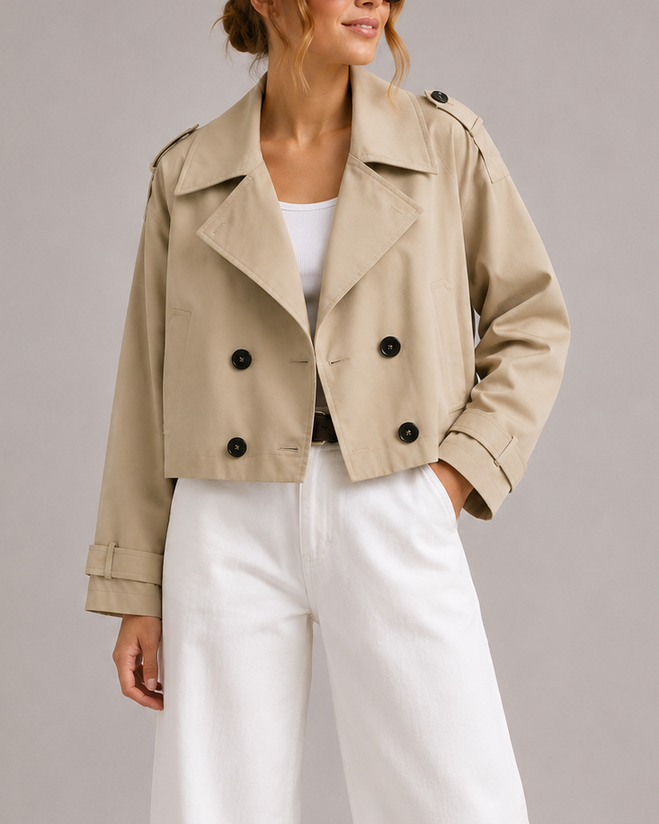 Women's Cropped Double Breasted Trench Coat with Notch Lapels